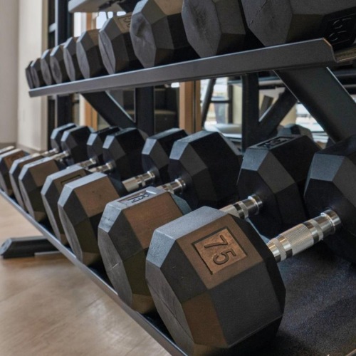 Quick access to state-of-the-art amenities a large gym with weights